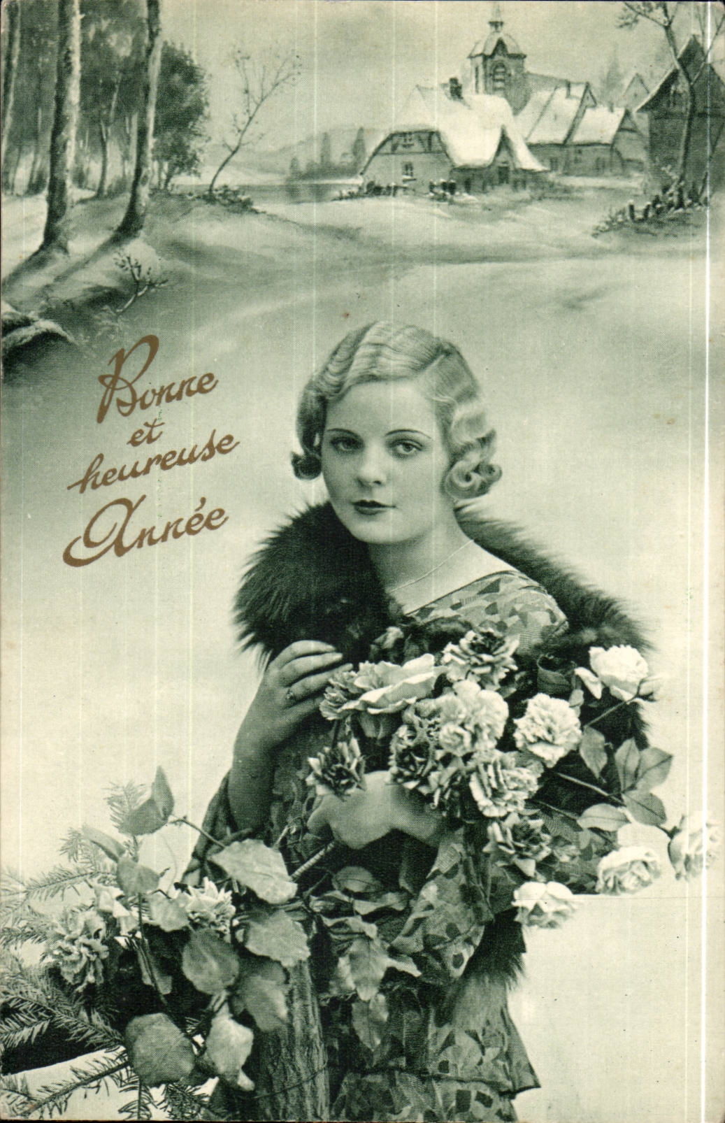 Femme en fourrure tenant un bouquet — Bonne et heureuse Année — S.B.W. Paris