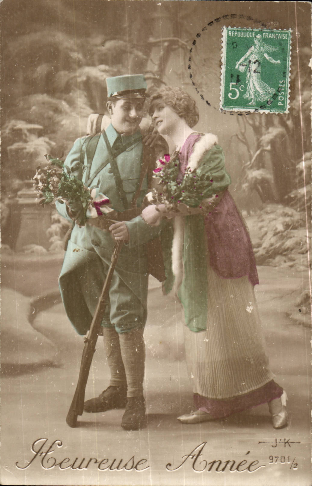 Soldat et femme dans un paysage hivernal — J.K. — 5c République Française