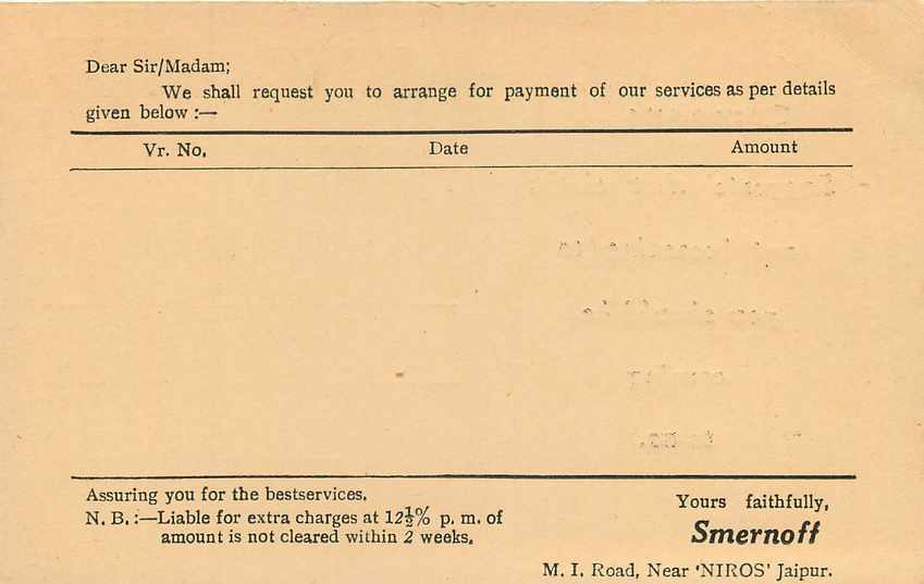 Inde India Entier Postal Stationary Tigre Smernoff Jaipur — Verso