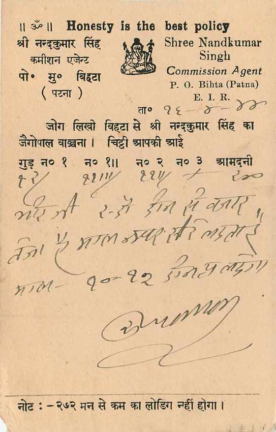 Inde India Cover Card Postal Stationary — Verso