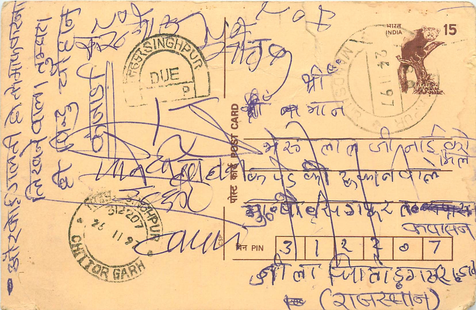 Inde India Cover Card Postal Stationary Singe Monkey Lemurien