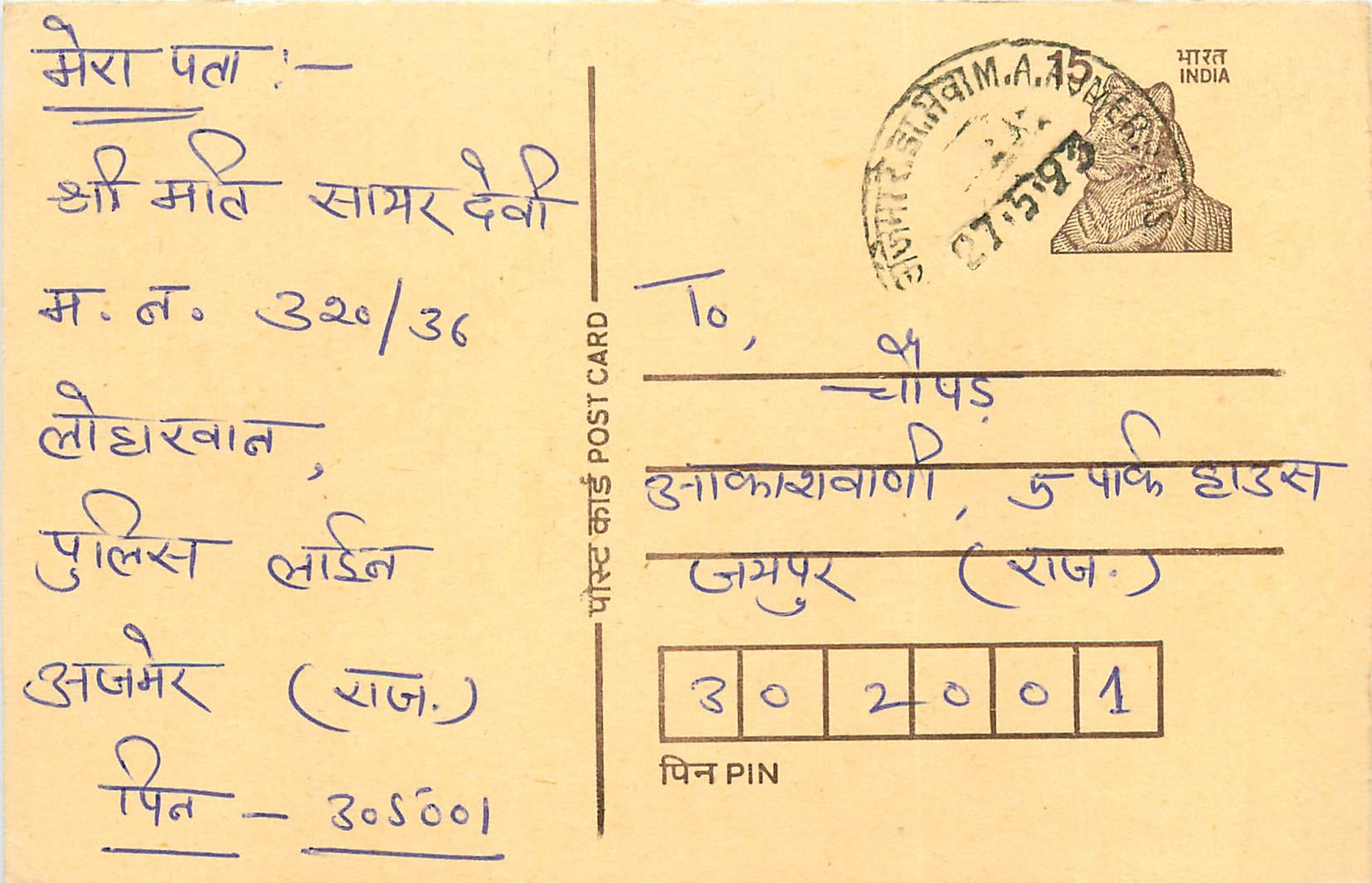 Inde India Cover Card Postal Stationary Tigre