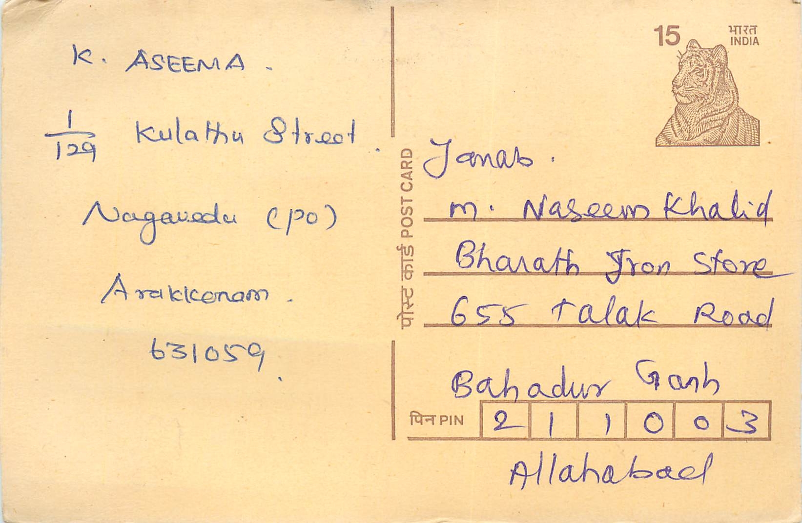 Inde India Cover Card Postal Stationary Tigre