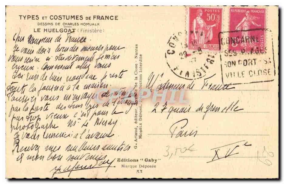 CPA La Bretagne Folklore Paysan Costume Pont Aven huelgoat — Verso