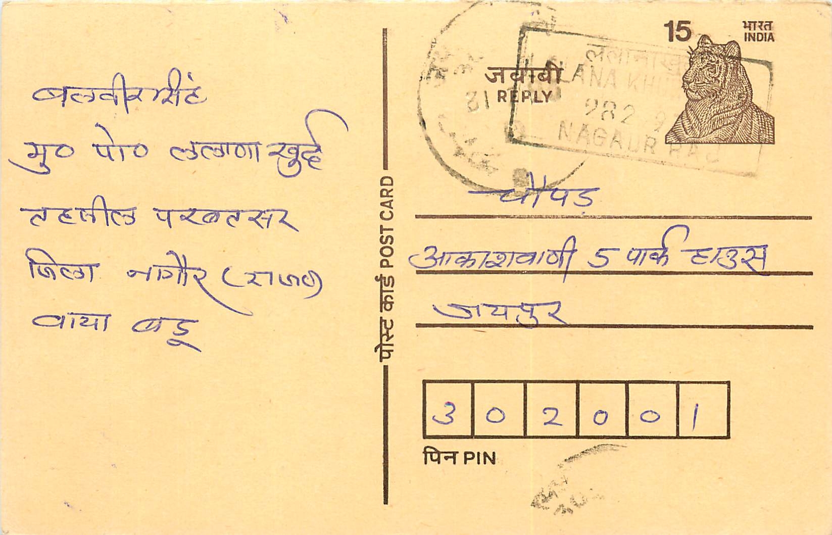 Inde India Entier Postal Stationary Tigre Tiger 