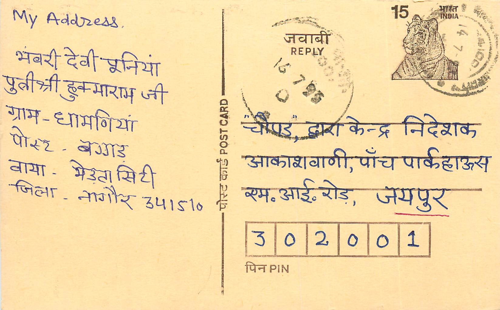 Inde India Entier Postal Stationary Tigre Tiger 