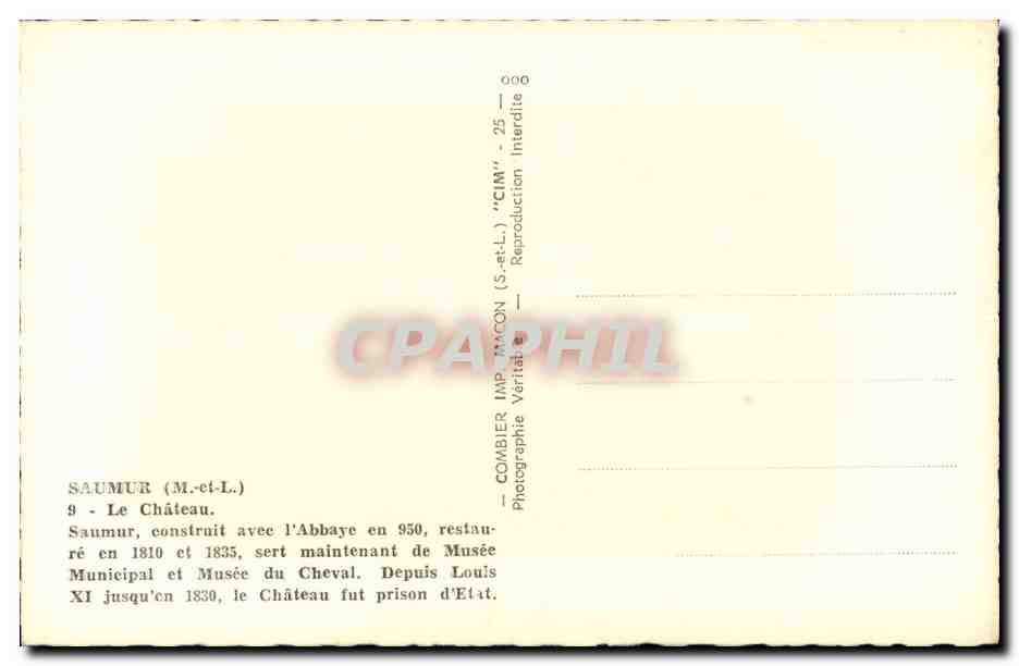 Saumur CPA Le chateau feodal Anjou — Back