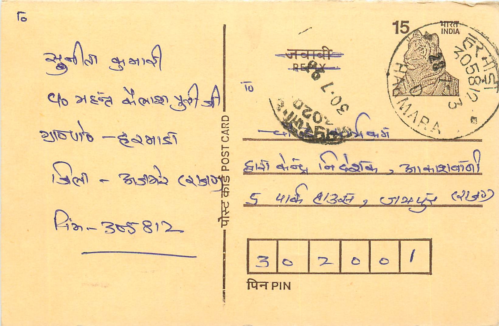 Inde India Entier Postal Stationary Tigre Tiger 