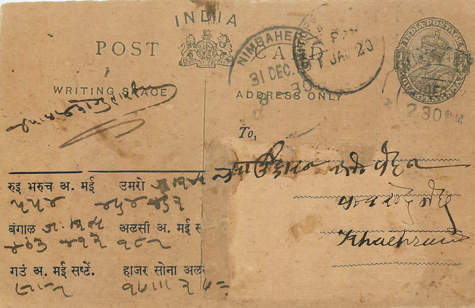 Inde India Entier Postal Stationary George V