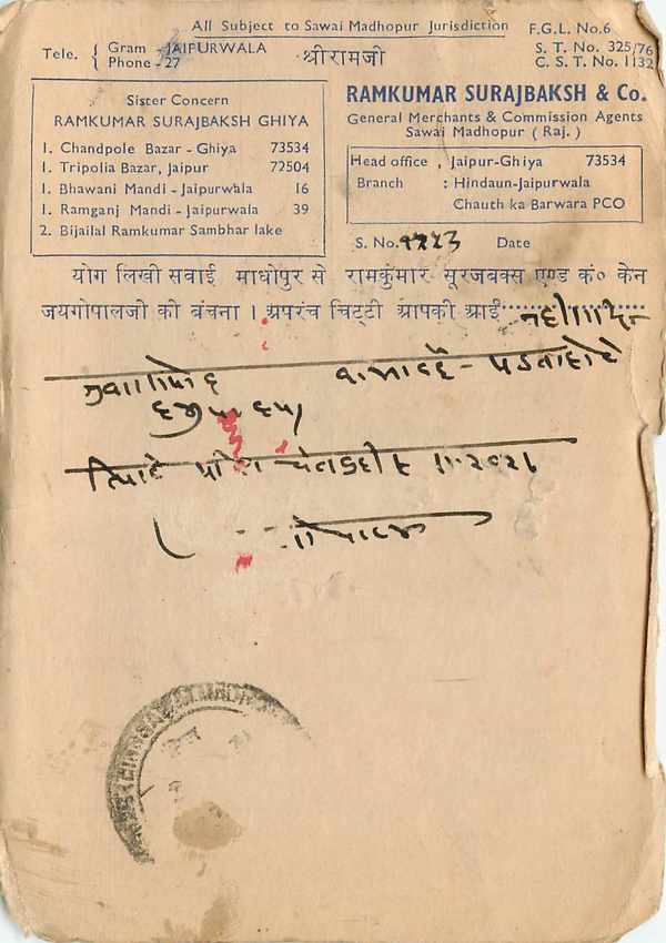 Inde India Entier Cover Lettre Jaipur 1971 — Rückseite