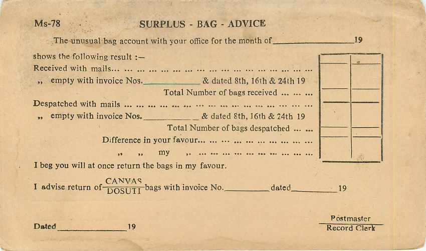 Carte de service — Indian Posts & Telegraphs Department — Ms-78 — Rückseite