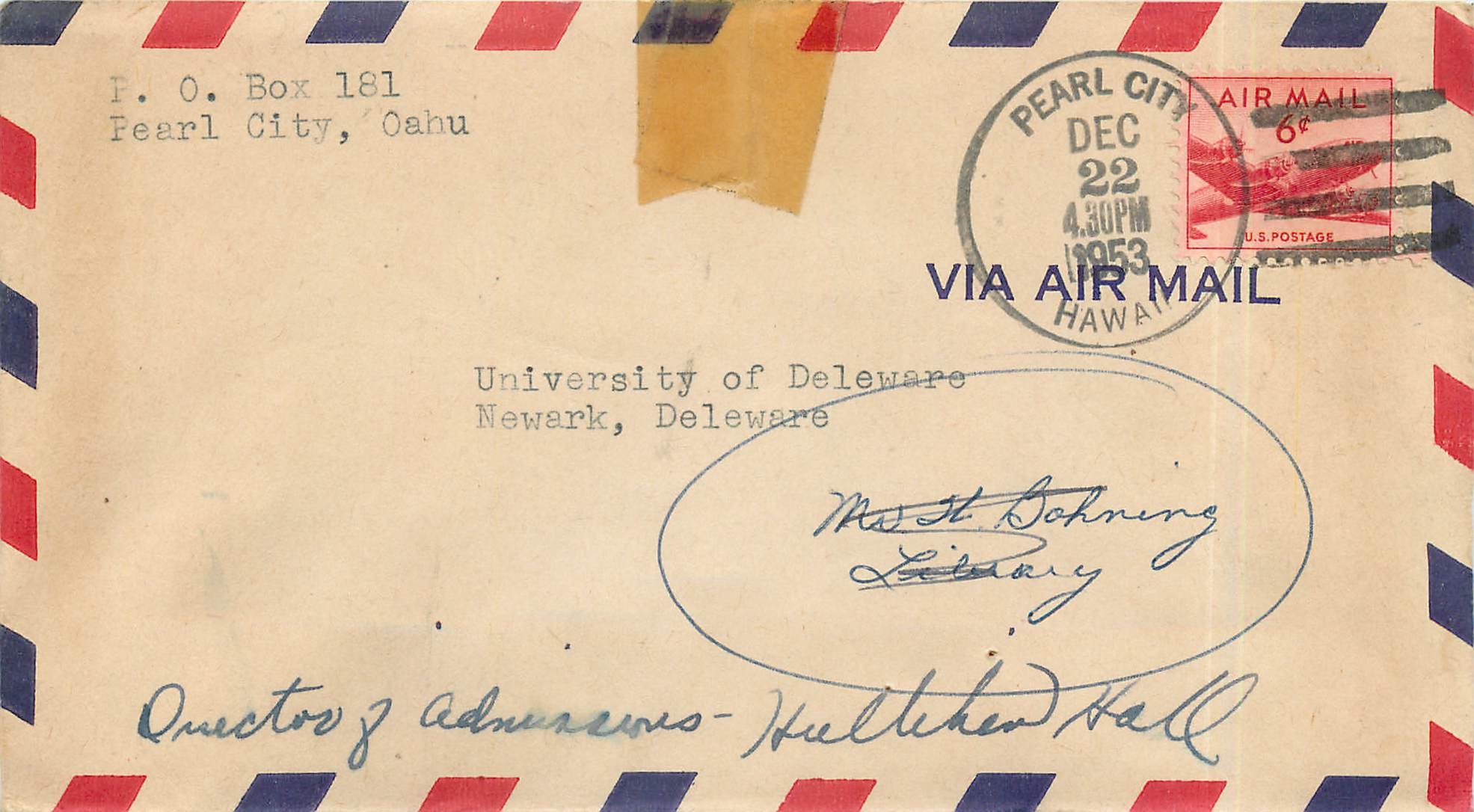 Lettre Cover Etats-Unis 6c Pearl Ciry 1953