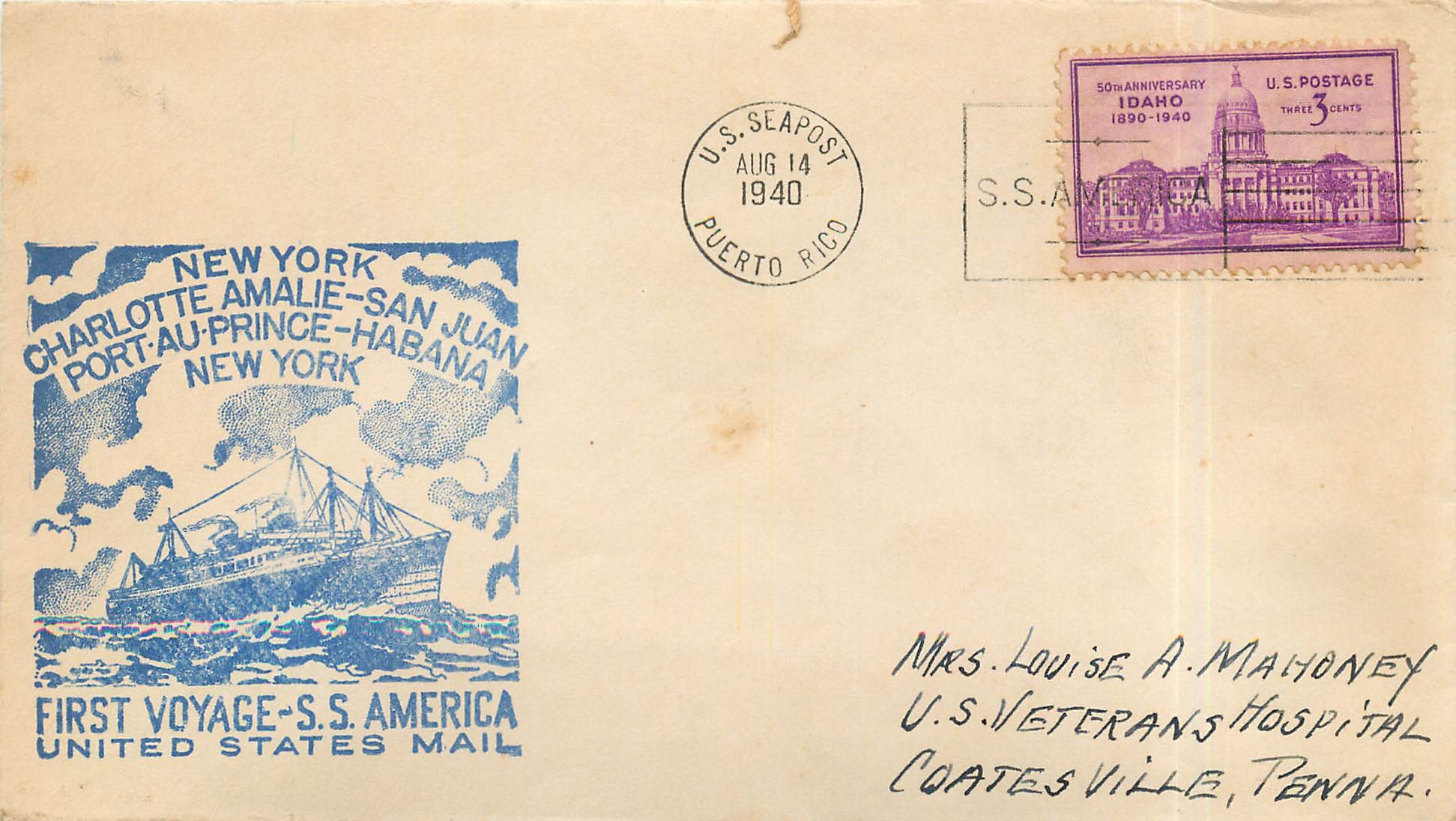 Lettre Cover Etats-Unis 3c Idaho New York Charlotte Amalie San Juan Port au Prince Habana First Voya