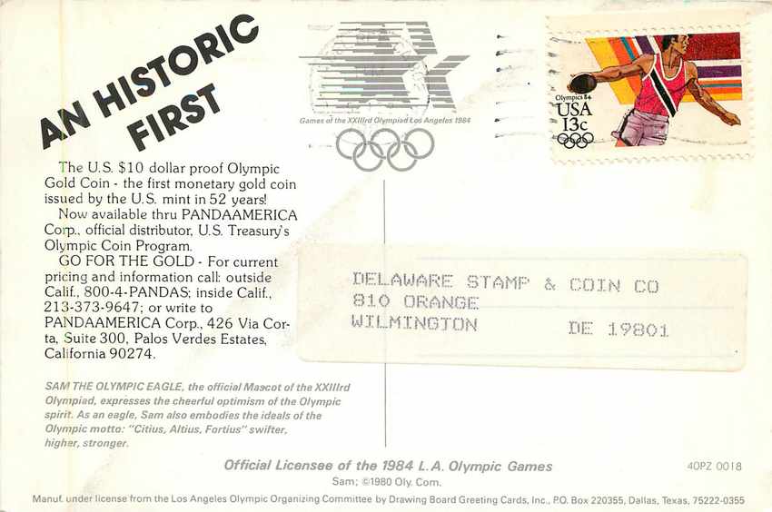 Sam l'Aigle Olympique — mascotte des Jeux de Los Angeles 1984 — éditeur Drawing Board Greeting Cards, Inc. — Achterkant