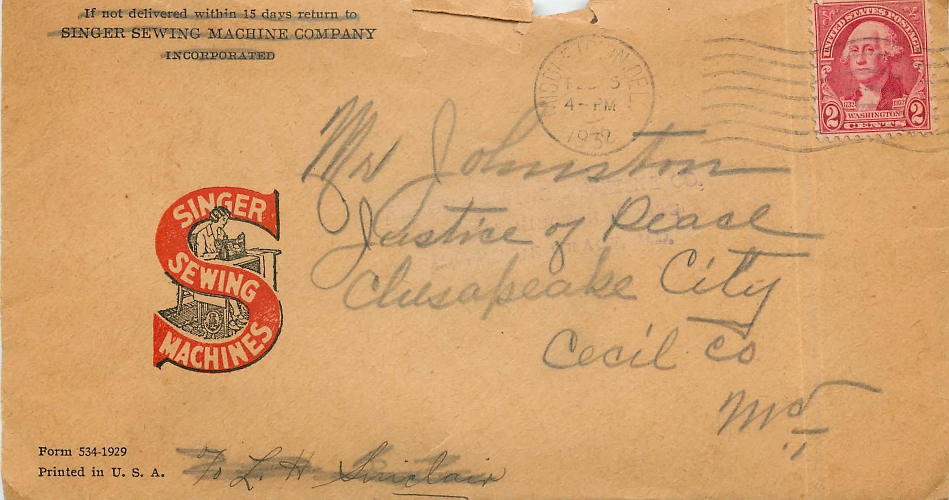 Lettre Cover Etats-Unis 2c Singer Sewing Machines