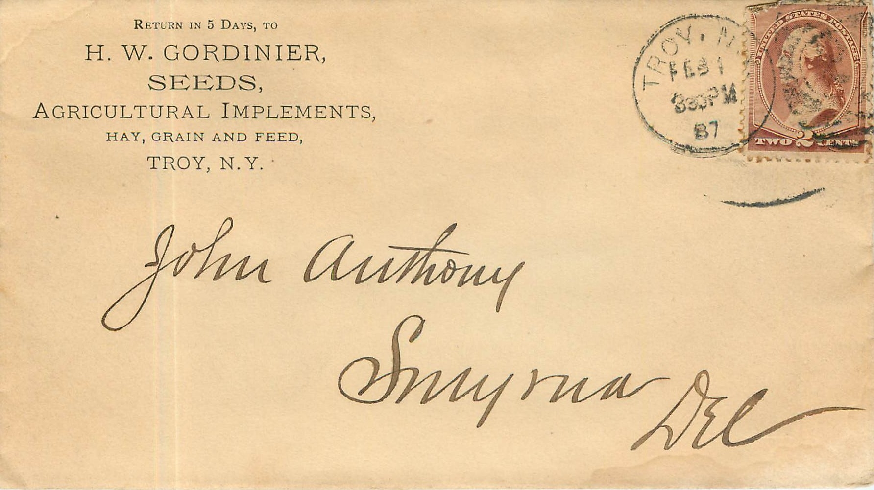 Lettre Cover Etats-Unis 2c Troy for Delaware