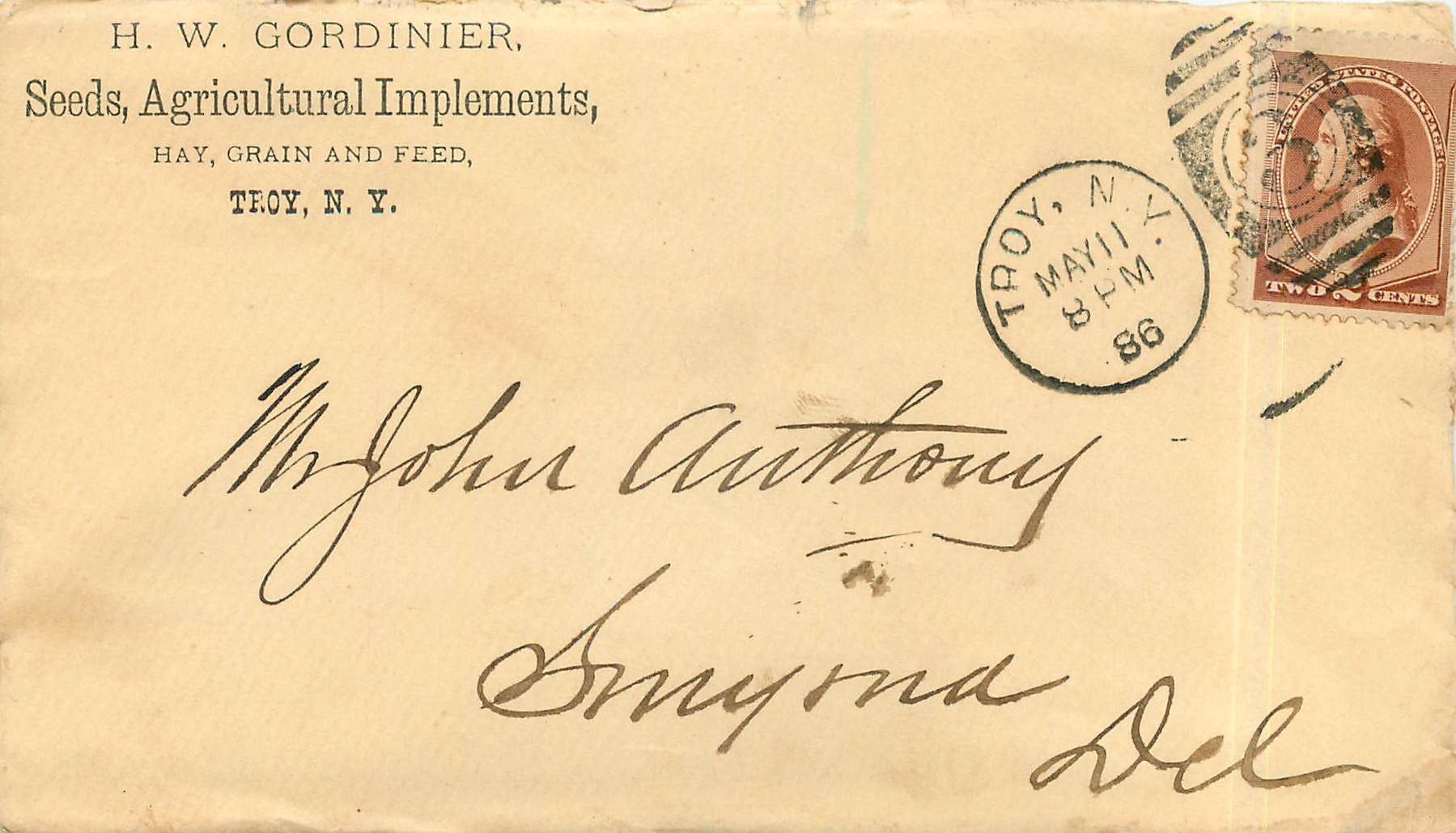 Lettre Cover Etats-Unis 2c Troy for Delaware