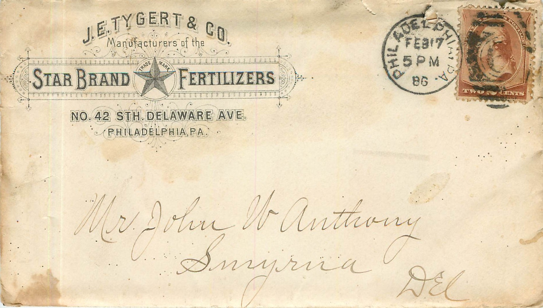 Lettre Cover Etats-Unis 2c Tygert Fertilizers for Delaware