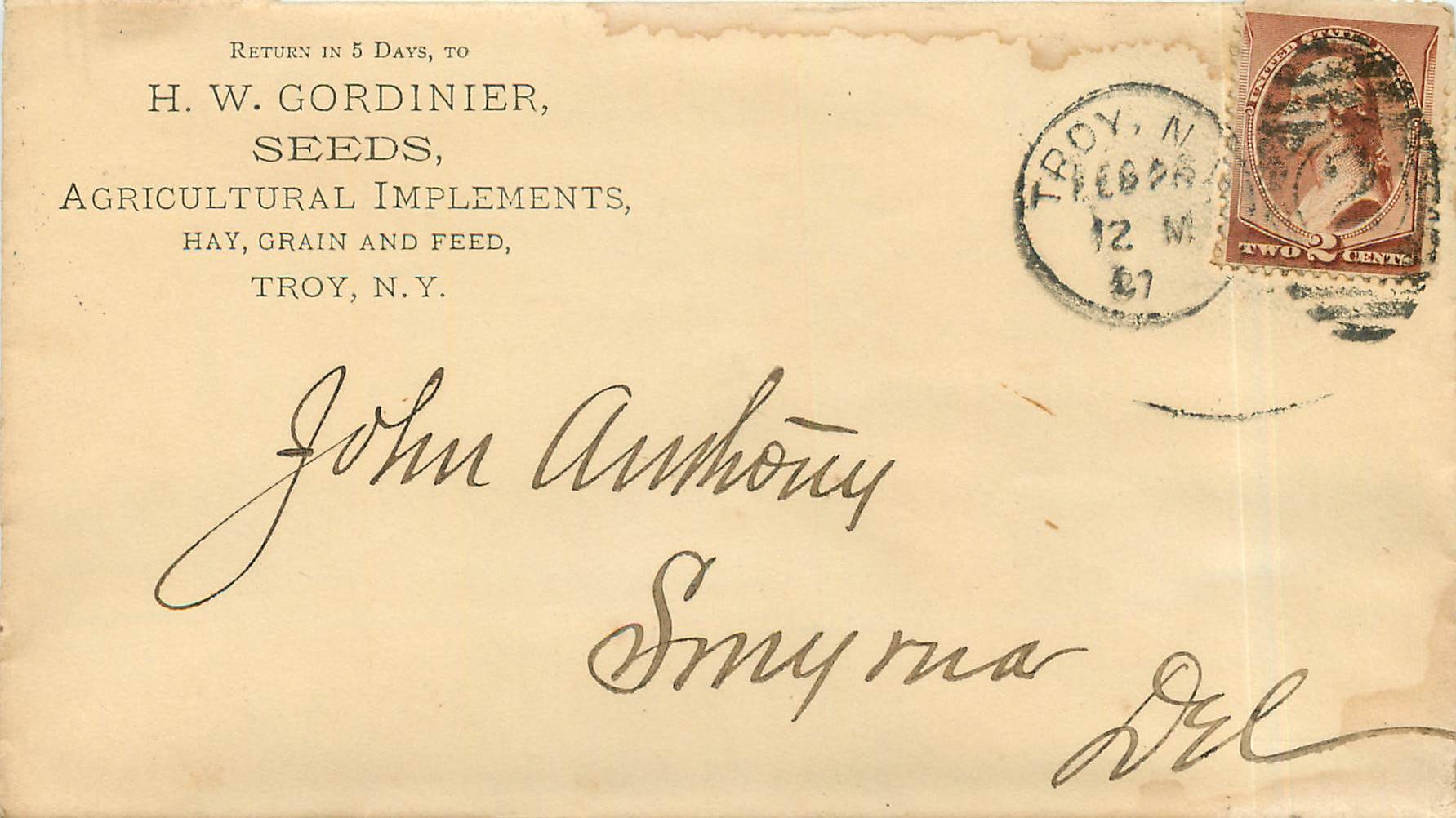 Lettre Covers Etats-Unis 2c Gordinier Sees Troy NY