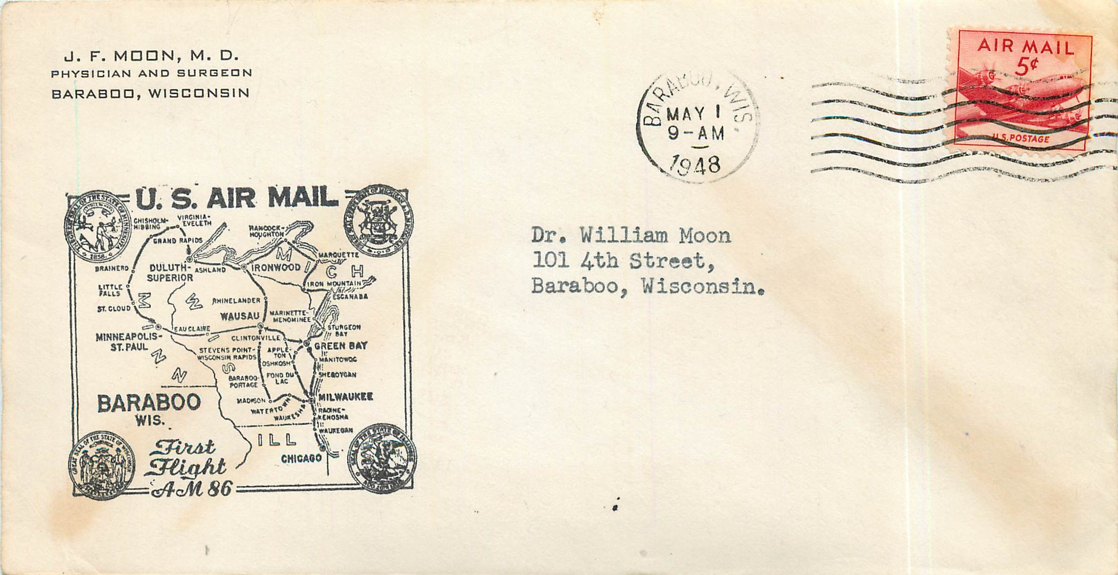 Lettre Cover Us Air Mail 1948 Baraboo First Flight Ironwood Chicago