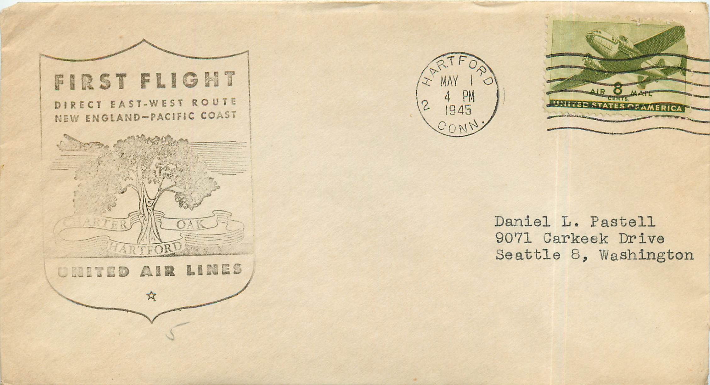 Lettre Cover First Flight New England Pacific Coast 1945 Oak Hartford Arbre
