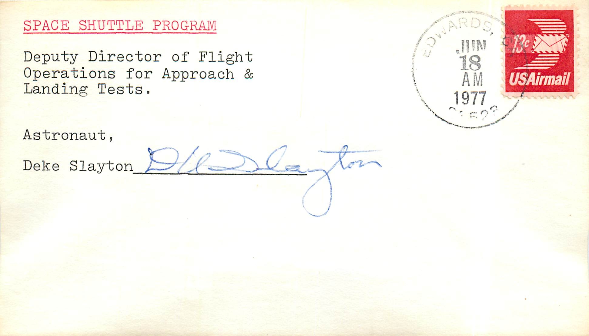 Lettre Cover Space Shuttle program 1977 Autographe Deke Slayton Espace Espace Cosmonaute