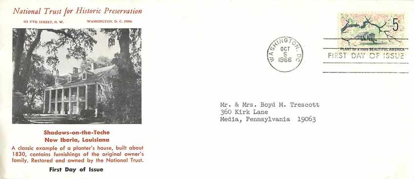 Lettre Cover Washington National Trust Shadows on the Teche New Iberia Louisiana FDC 1966