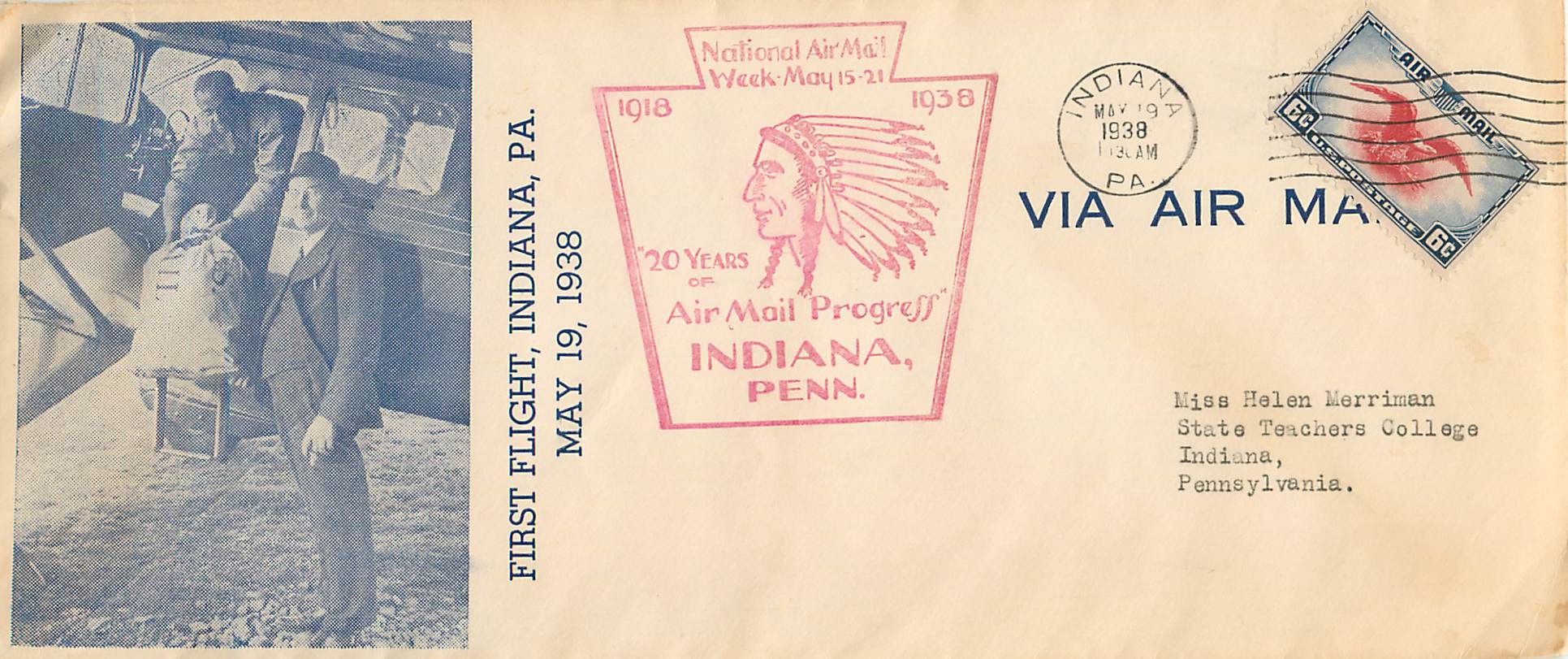 Lettre Cover 1938 National Air Mail Indiana Penn Indien