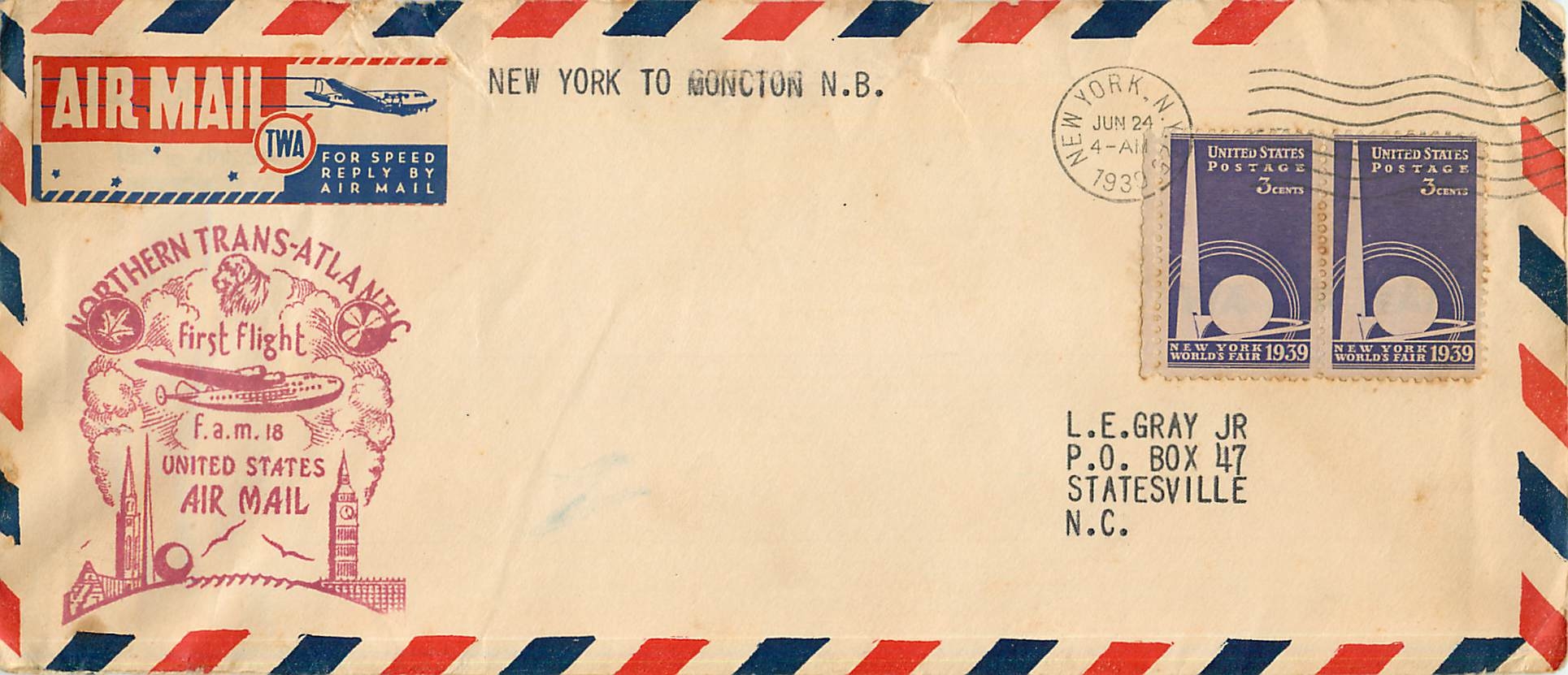 Lettre Cover 1939 First Flight New York to Goncton 