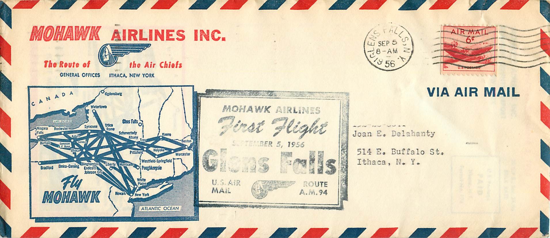 Lettre Cover 1956 Mohawk Arilines Glens Falls