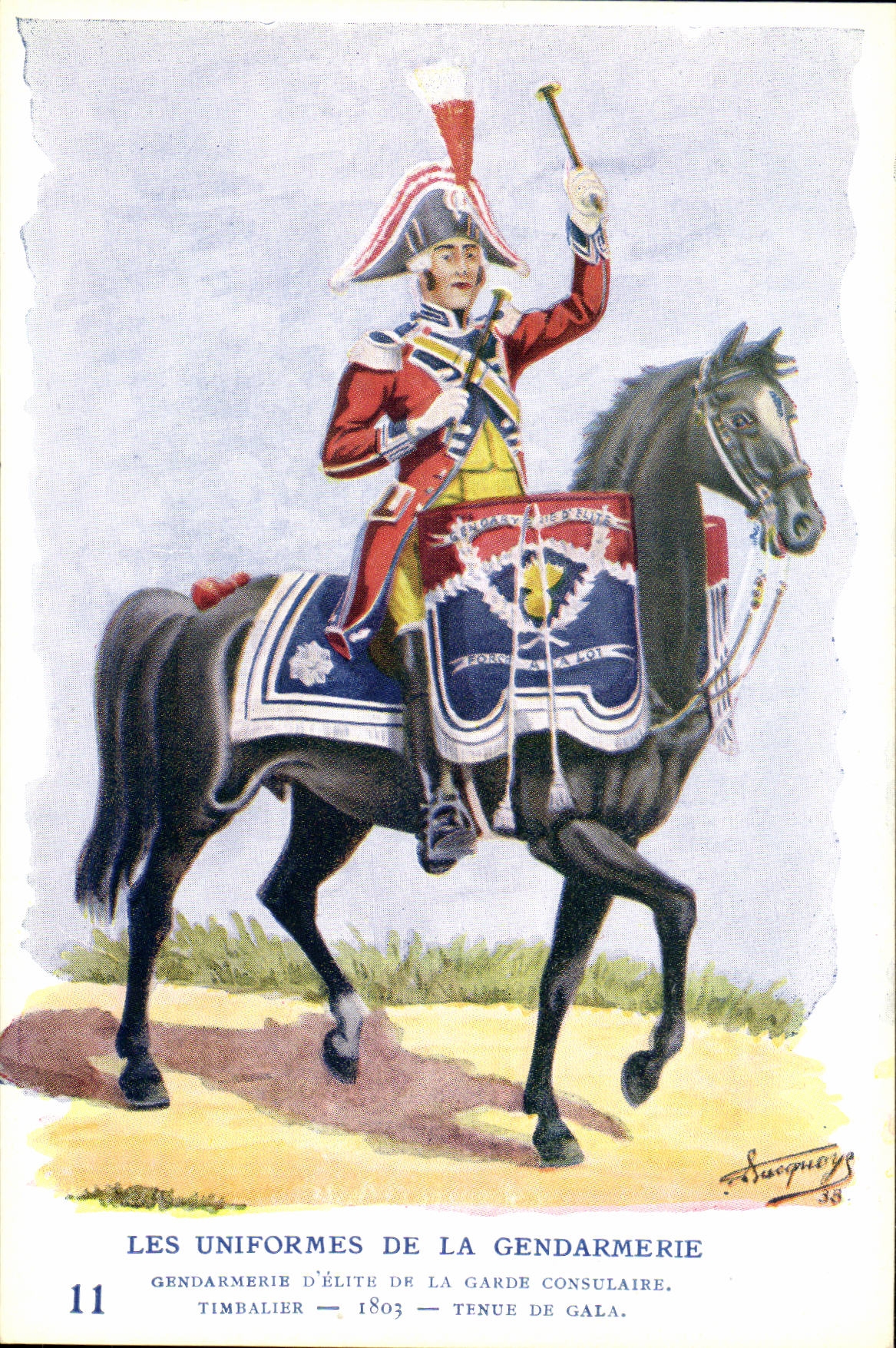 CPA Les uniformes de la gendarmerie MArechausee Gendarme d'elite a cheval Garde consulaire Timbalier 1803 Tenue Metiers