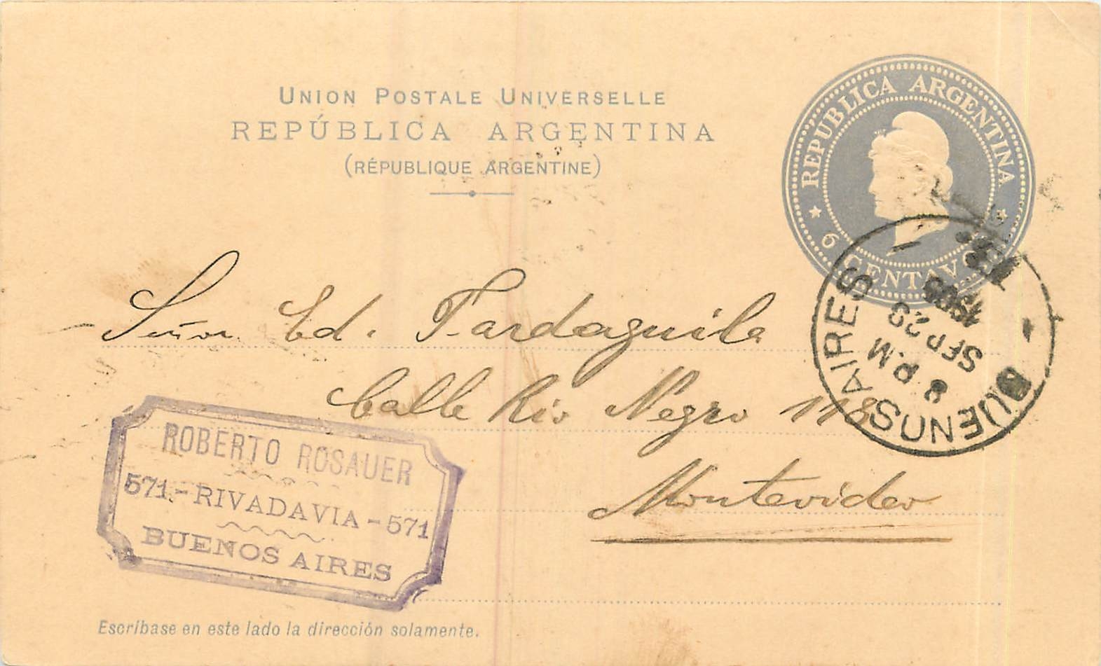 Entier Postal Stationary Argentina 1905 Rosauer Buenos Aires6c  fpr Montevideo Uruguay