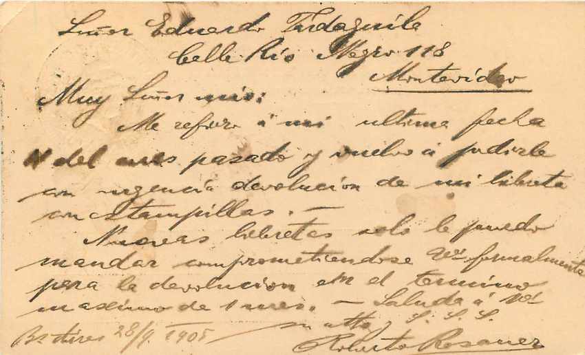 Entier Postal Stationary Argentina 1905 Rosauer Buenos Aires6c  fpr Montevideo Uruguay — Back
