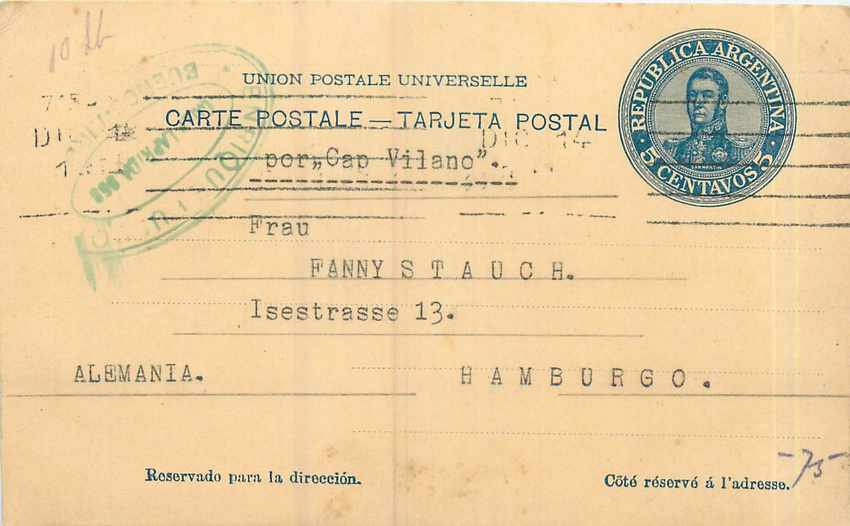 Entier Postal Stationary Argentina 1911 for Hamburg Germany