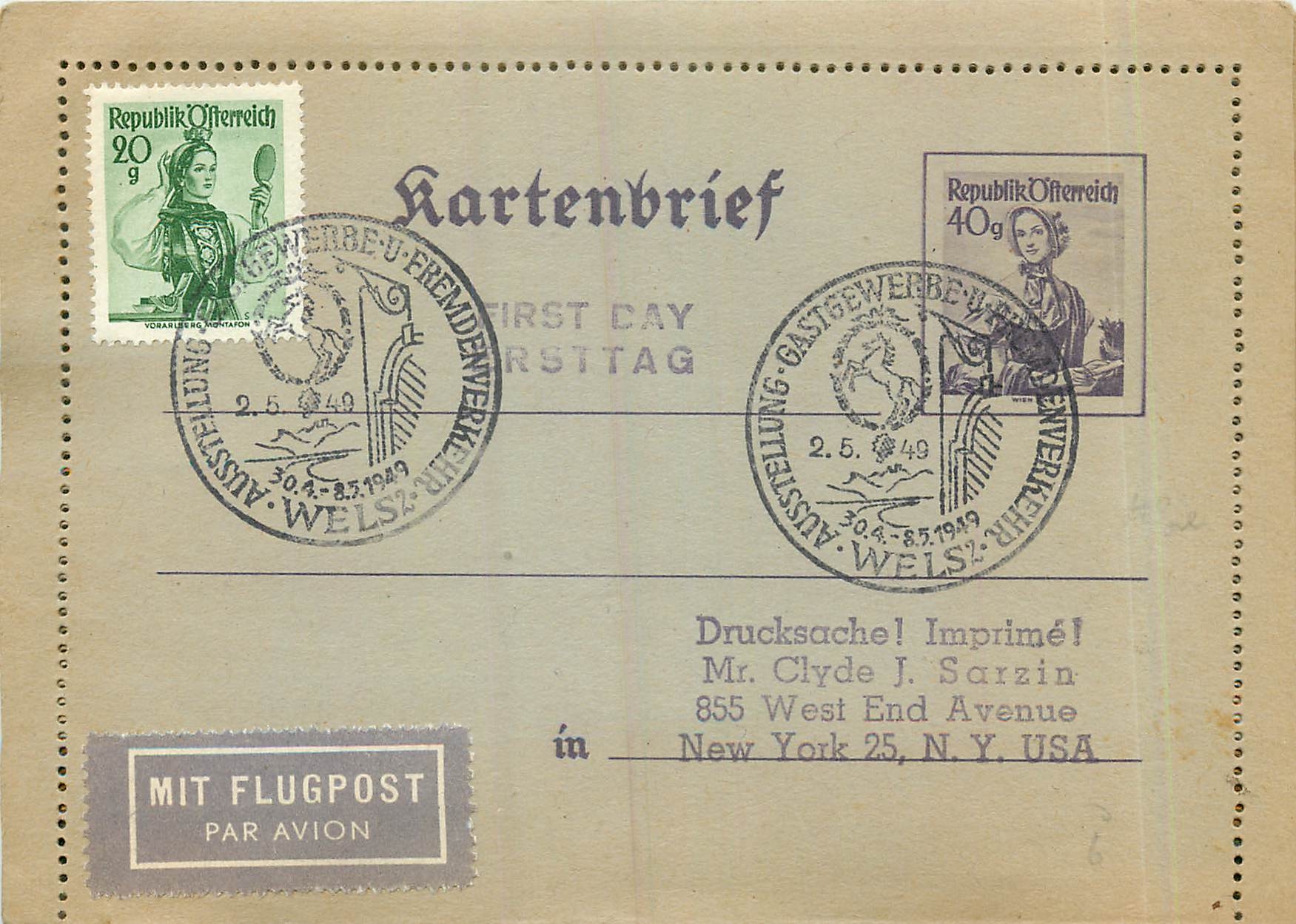 Entier Postal Stationary 1949 for New York FDC Cheval