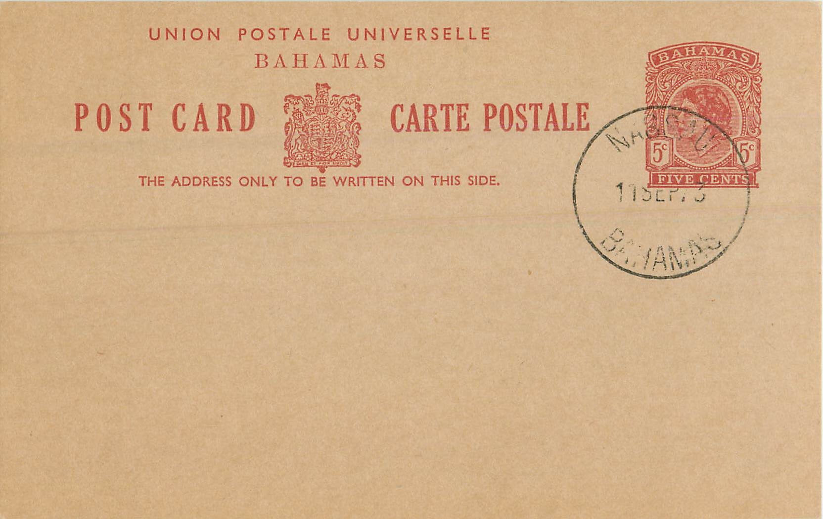 Entier Postal Stationary Bahamas 5c Nassau