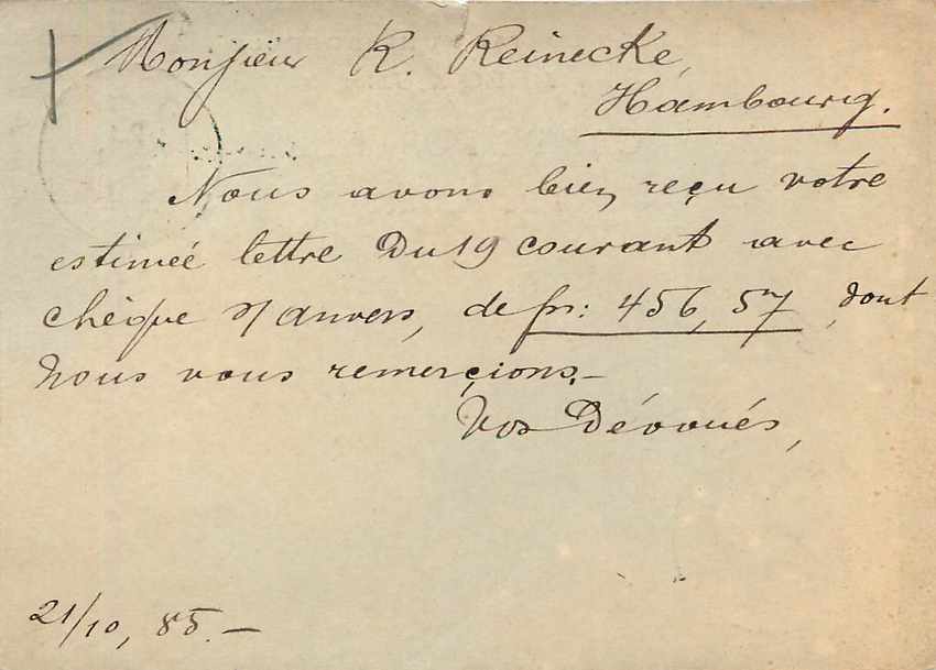 Entier Postal Stationary Belgique 1885 pour Hambourg — Rückseite