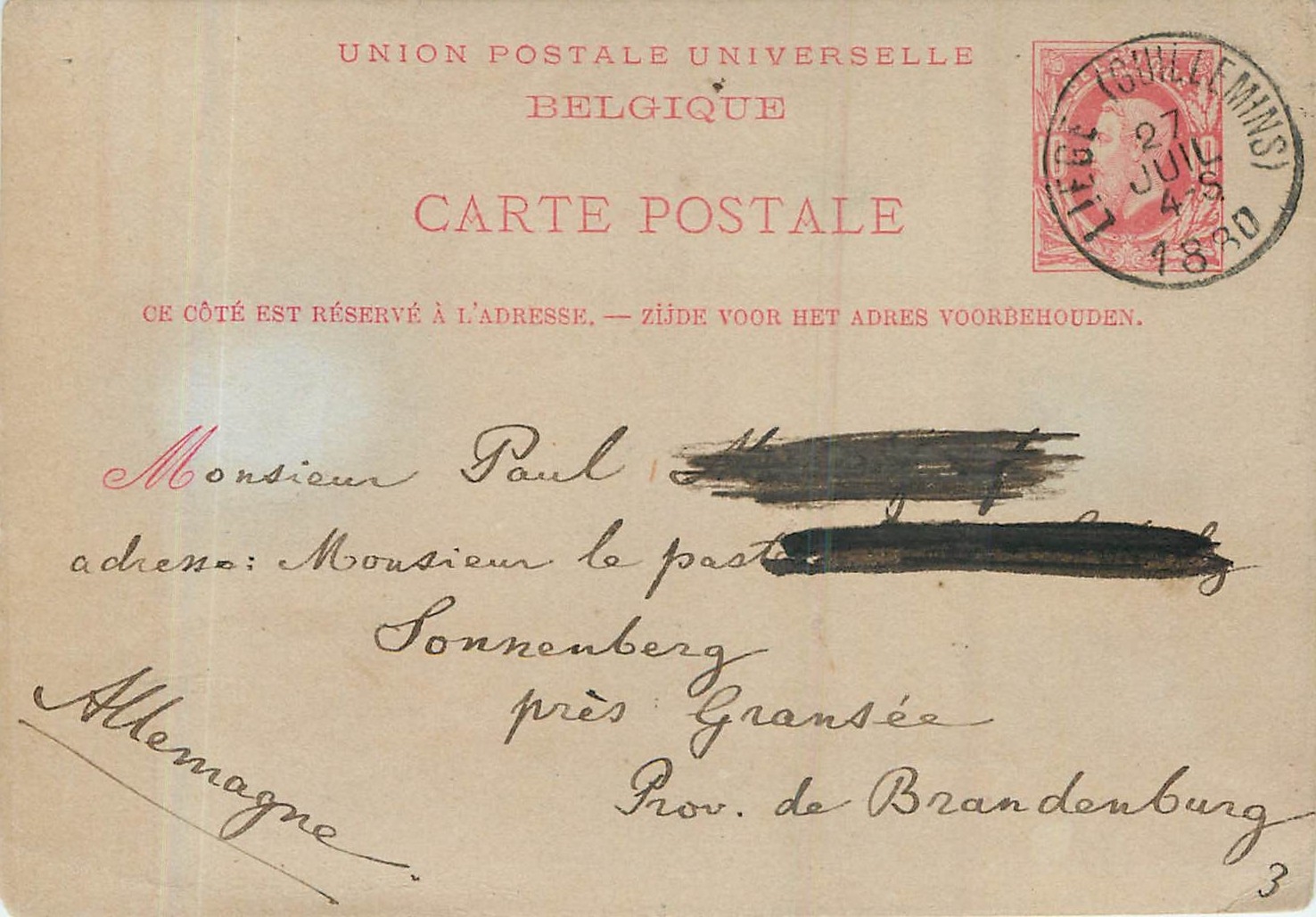 Entier Postal Postal Stationary Belgique 1880 pour Sonnenberg