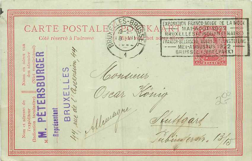 Entier Postal Postal Stationary Belgique 30c pour Stuttgart