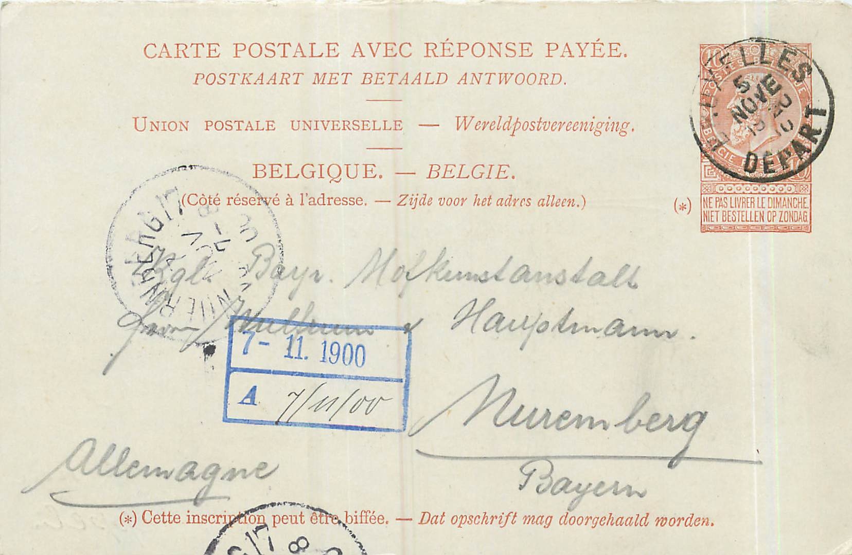 Entier Postal Postal Stationary Belgique 10c 1900 pour Nuremberg