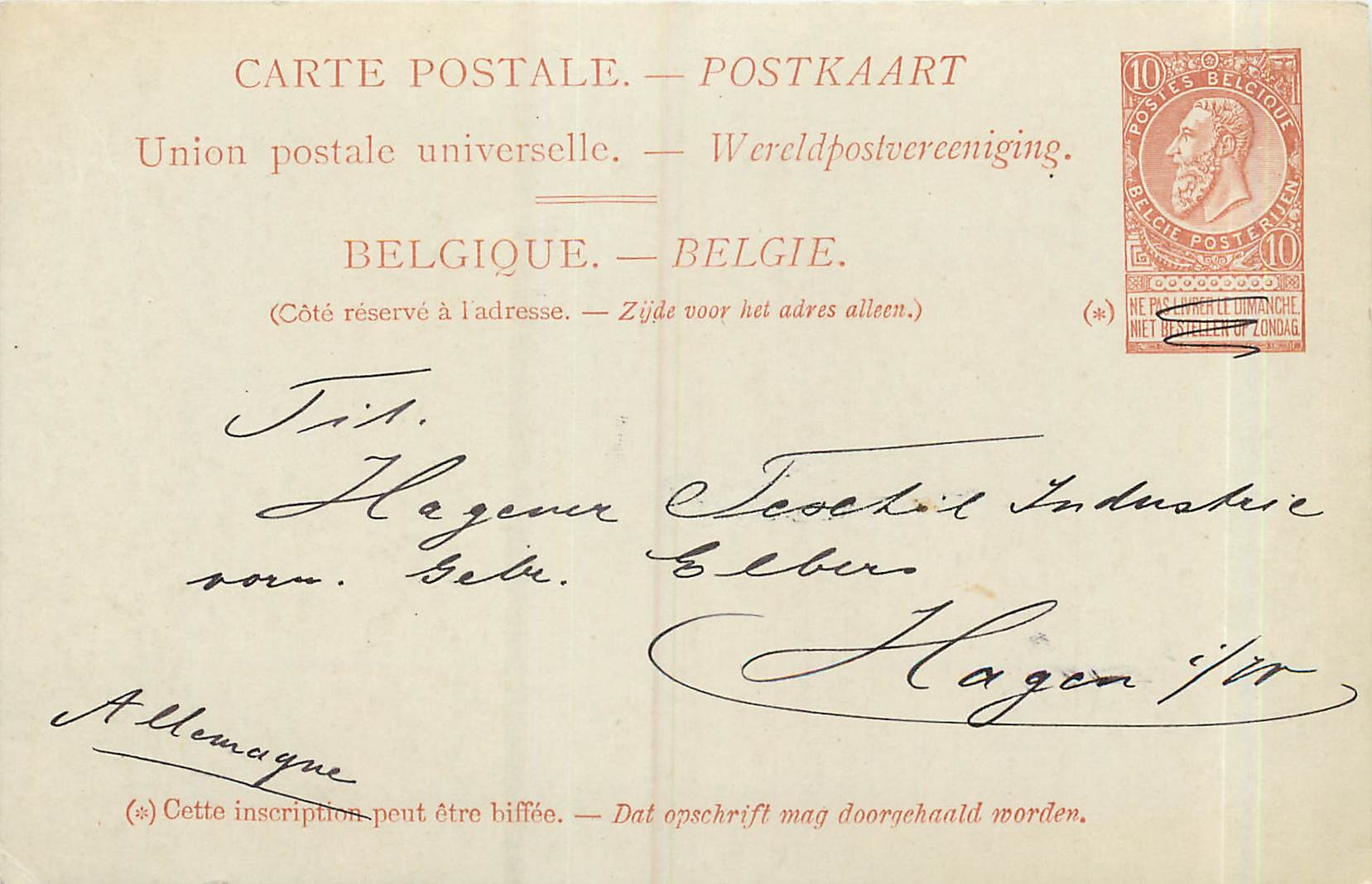 Entier Postal Postal Stationary Belgique 5c pour Hagen