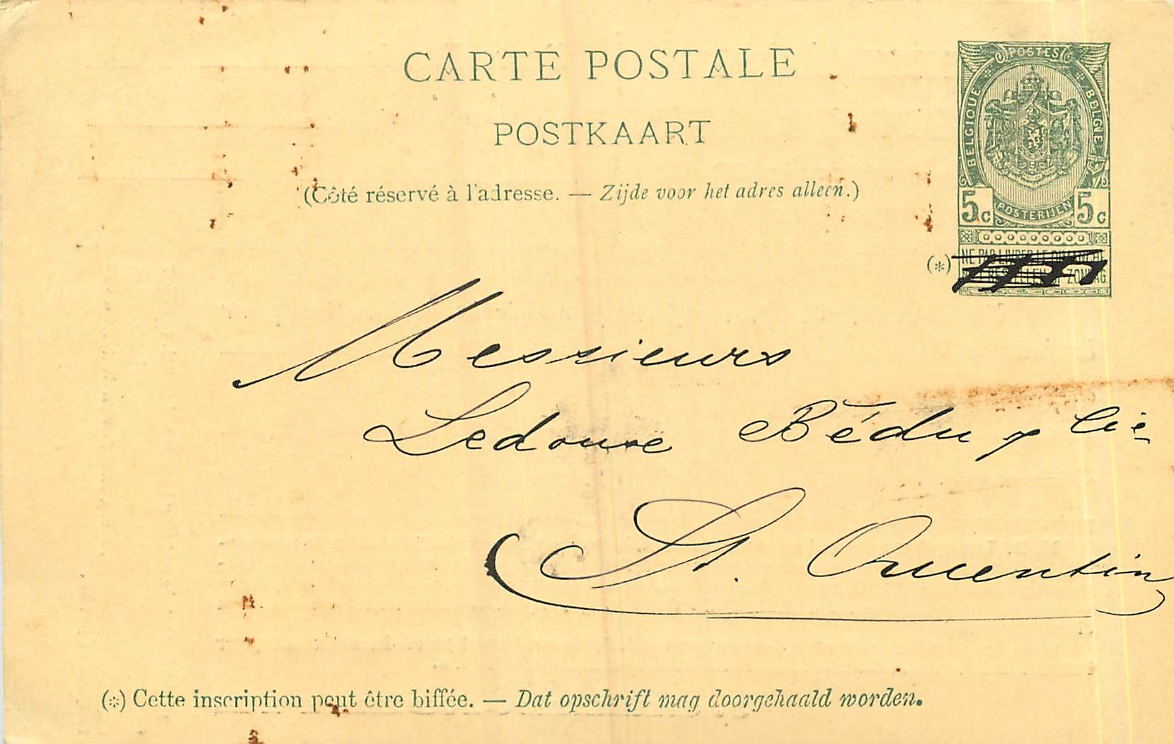 Entier Postal Postal Stationary Belgique 5c Messageries Generales Gielen Robette Rue du Marais Bruxe