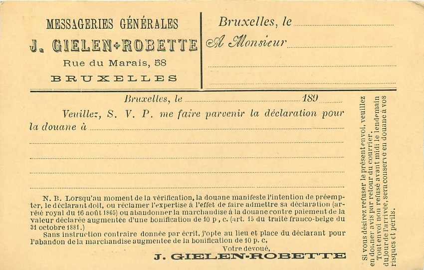 Entier Postal Postal Stationary Belgique 5c Messageries Generales Gielen Robette Rue du Marais Bruxe — Rückseite