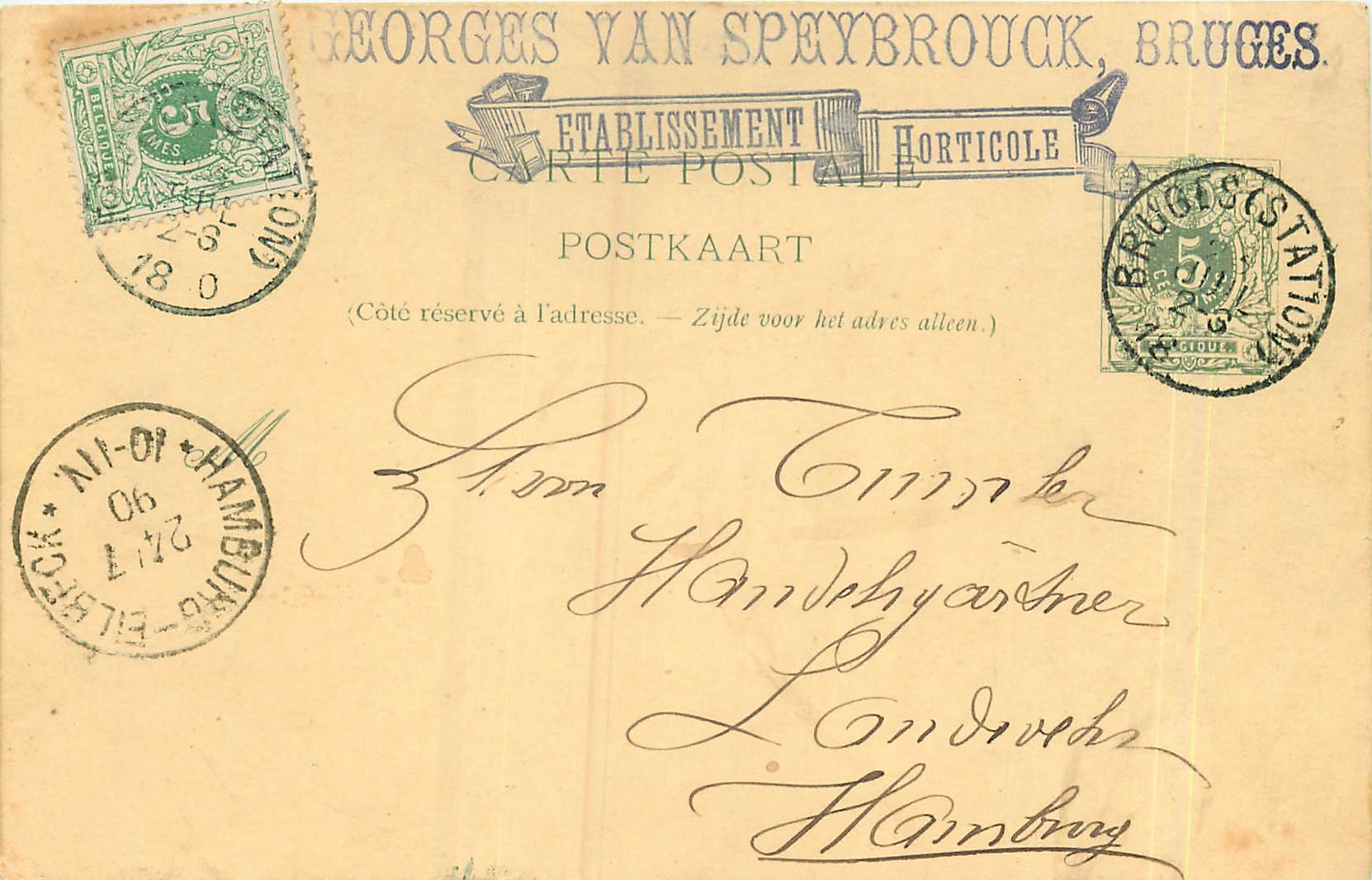 Entier Postal Postal Stationary Belgique Georges Van Spreybrouch Bruges 1890 pour Hamburg