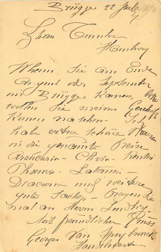 Entier Postal Postal Stationary Belgique Georges Van Spreybrouch Bruges 1890 pour Hamburg — Rückseite