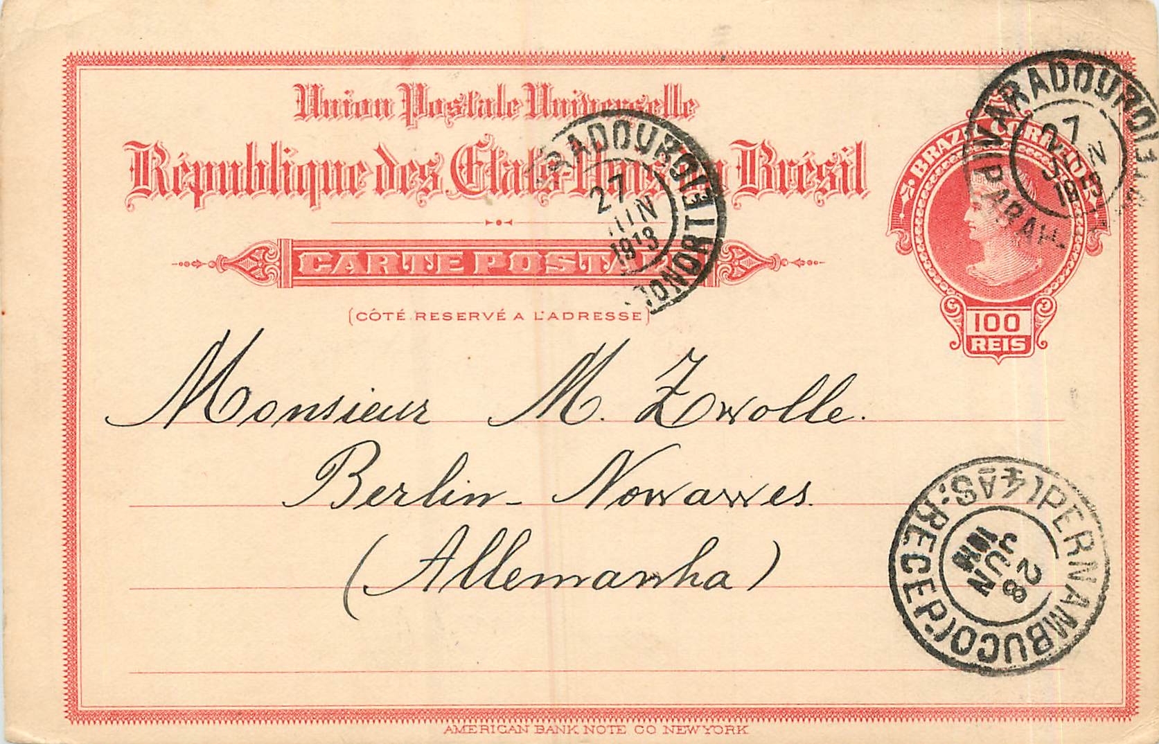 Postal Stationary Entier Postal Bresil Brazil 1913 for Germany