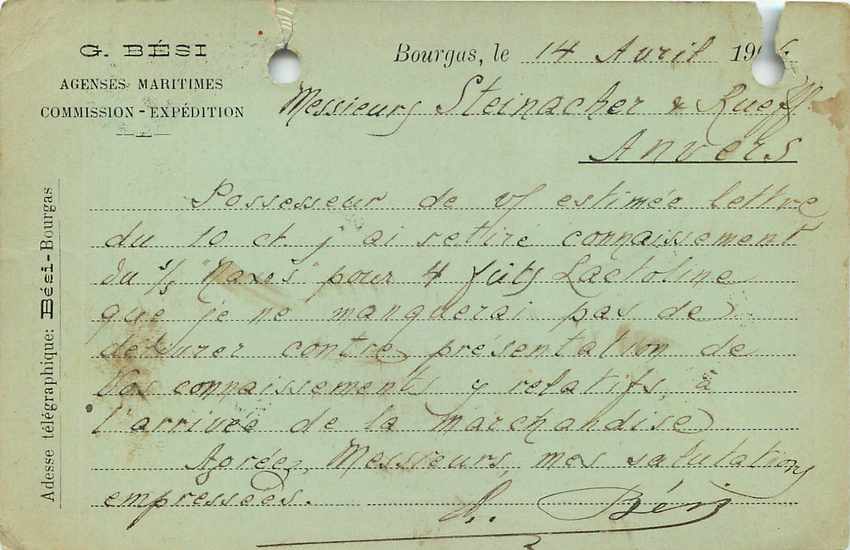 Postal Stationary Bulgarie 1906 pour Anvers — Back