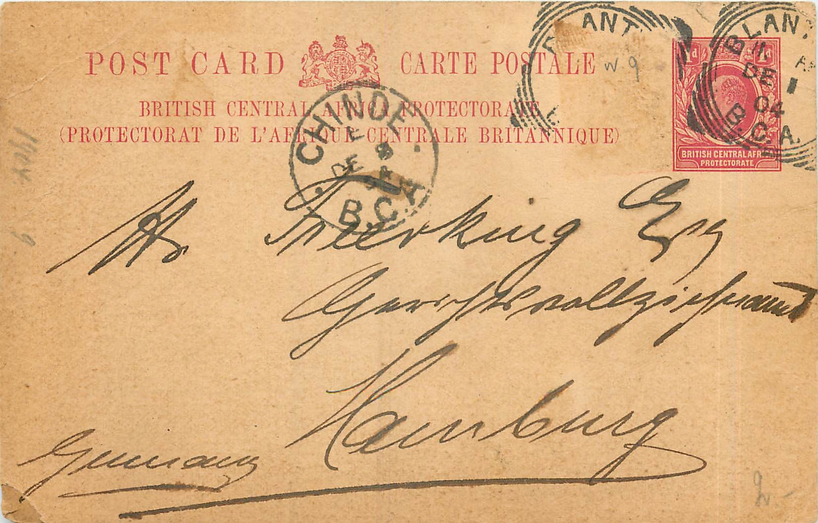 Postal Stationary British Central Africa 1904 pour Hamburg 