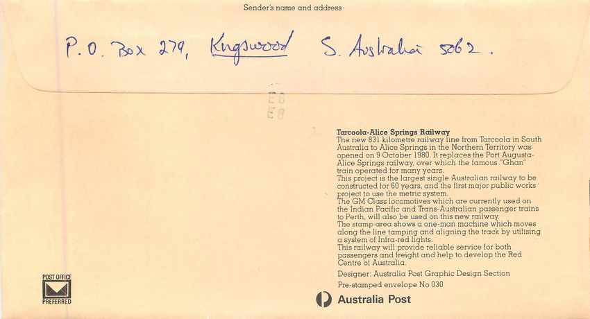 Eröffnung der Strecke Tarcoola-Alice Springs 1980 — Australia Post, Nr. 030 — Rückseite