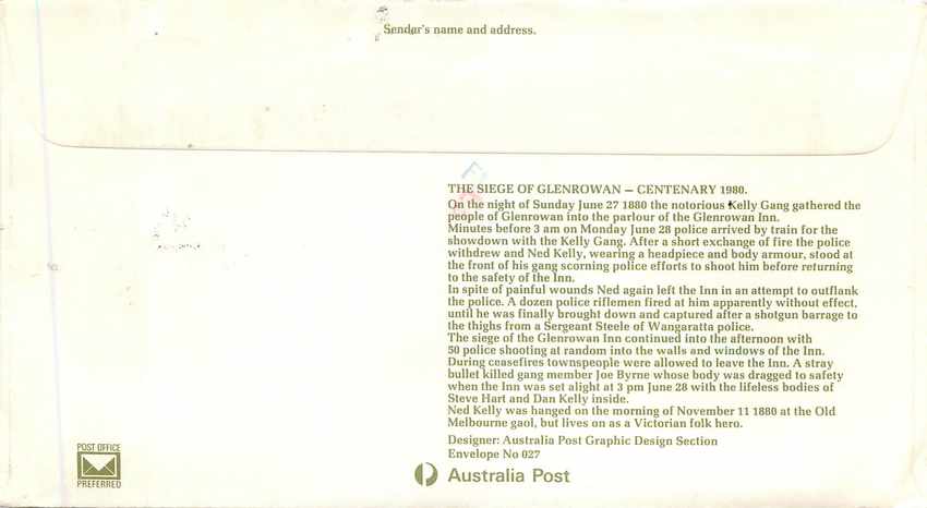 Der Angriff auf Glenrowan — 100. Jubiläum 1980 — Australia Post — Rückseite